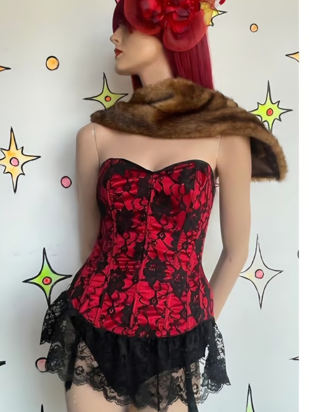 Red Satin Lace Corset Bustier with Black Lace Trim - Women Intimates - Picture 3 of 16